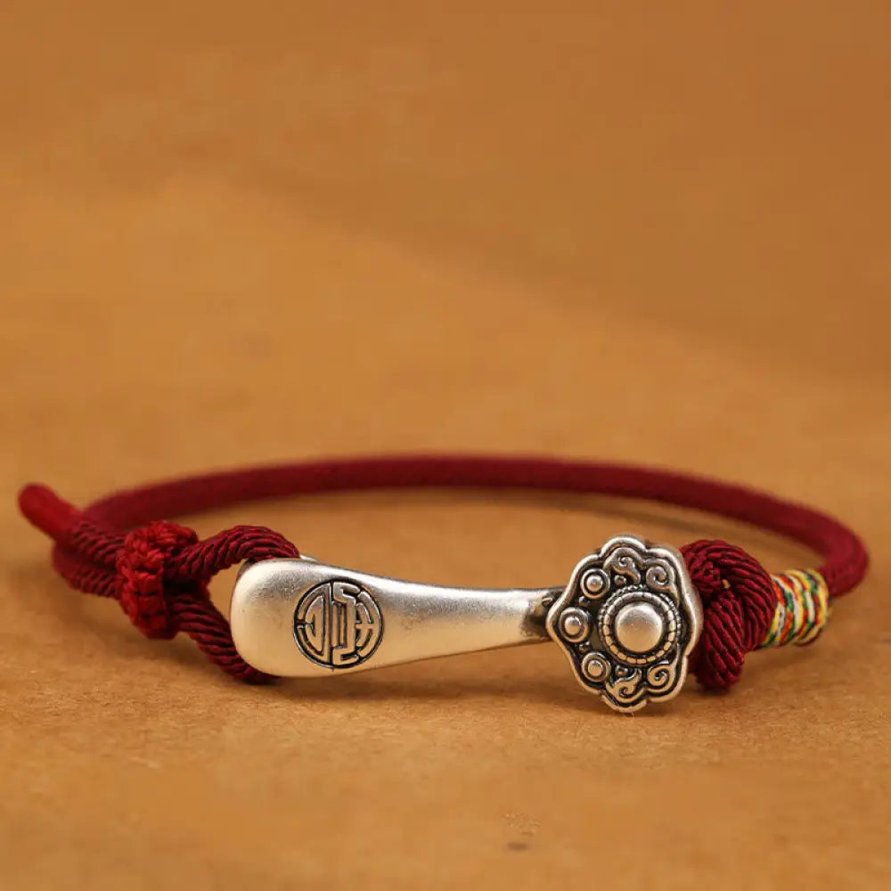 Buddha Stones 999 Sterling Silver Ruyi Stick String Protection Braided Bracelet - BWOOOH - Dark Red Rope / 14-18cm