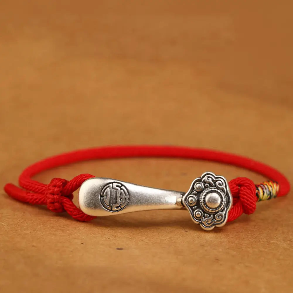 Buddha Stones 999 Sterling Silver Ruyi Stick String Protection Braided Bracelet - BWOOOH - Red Rope / 14-18cm - Bracelet
