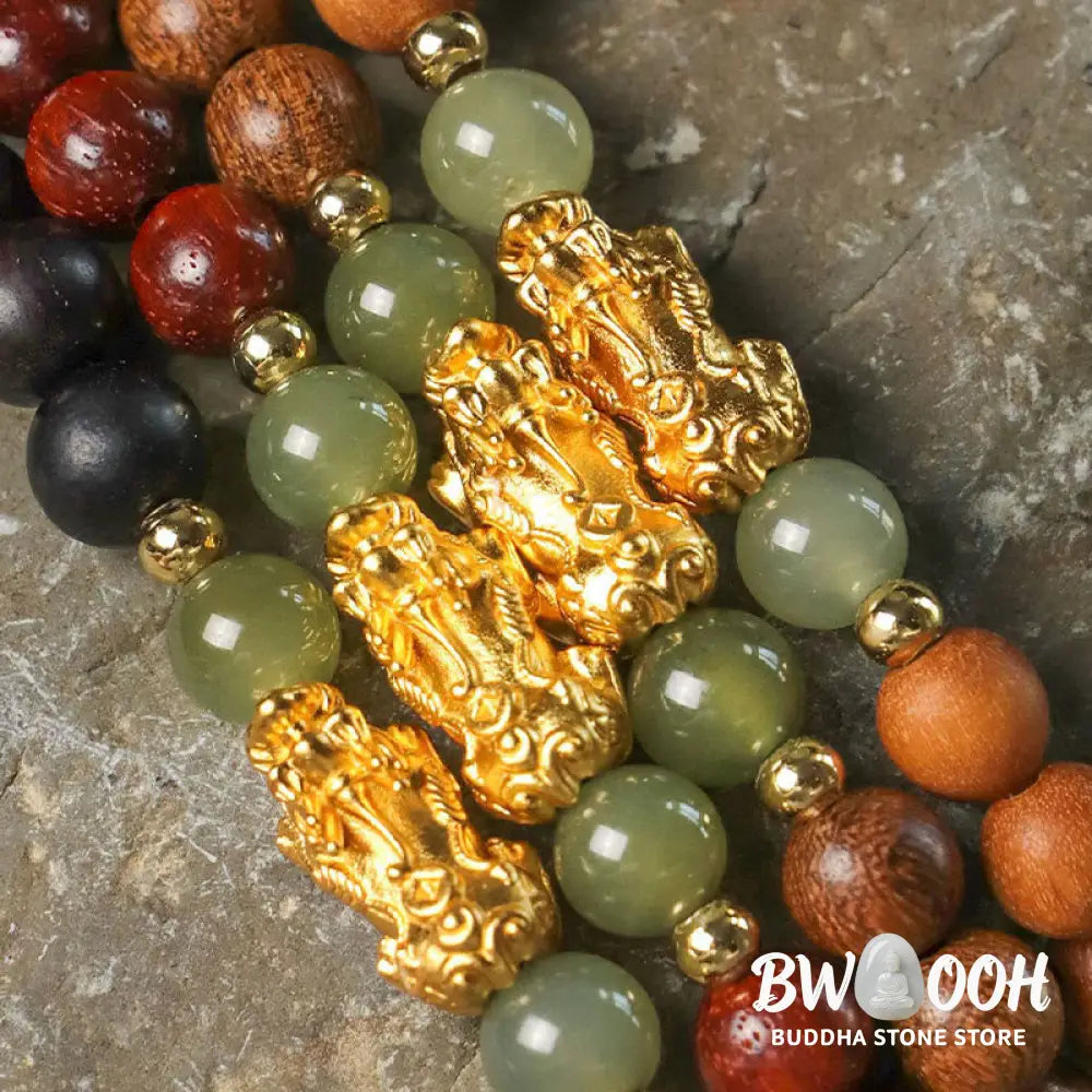 Buddha Stones 999 Sterling Silver Sandalwood Ebony Wood Small Leaf Red Sandalwood Hetian Jade Cinnabar PiXiu Wealth