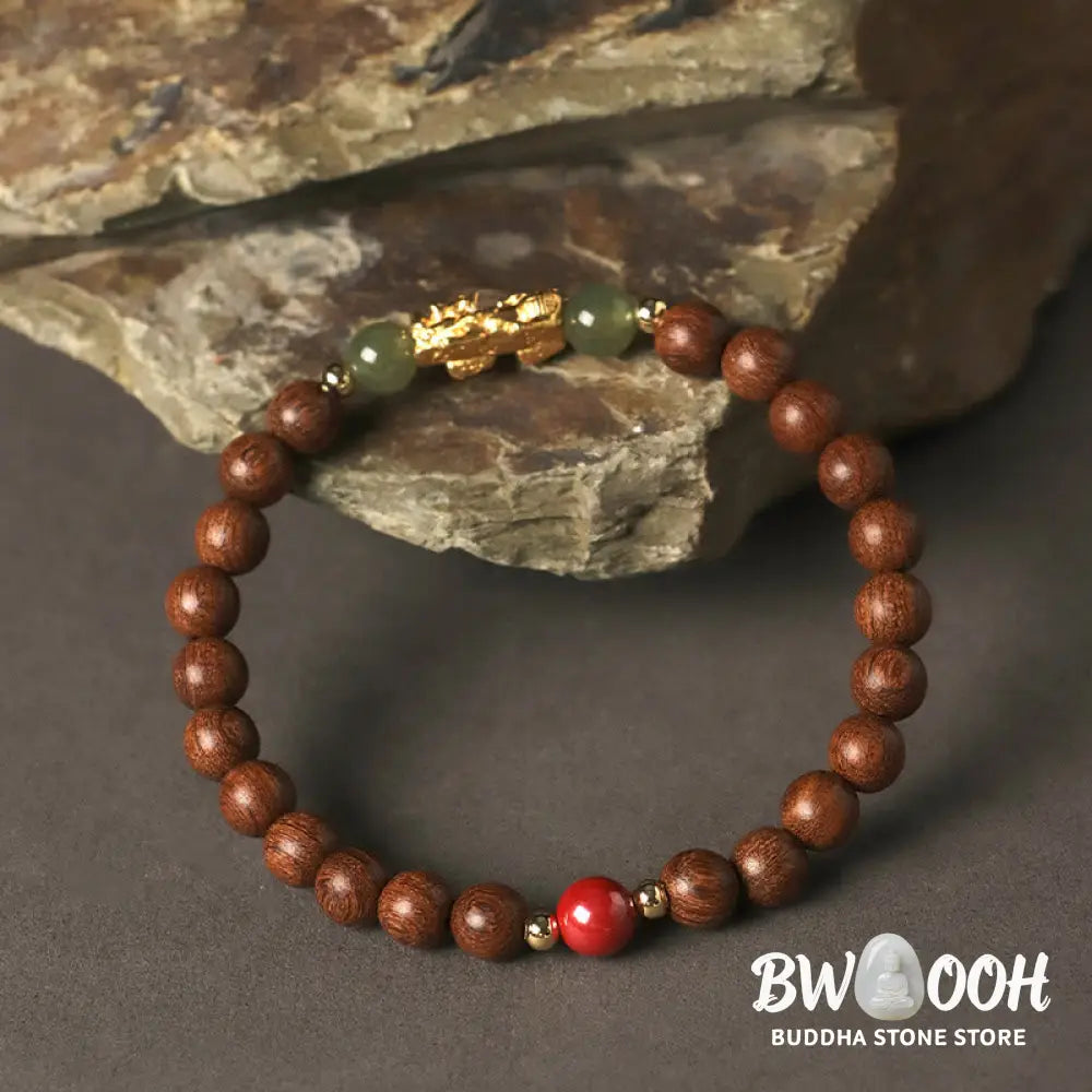 Buddha Stones 999 Sterling Silver Sandalwood Ebony Wood Small Leaf Red Sandalwood Hetian Jade Cinnabar PiXiu Wealth