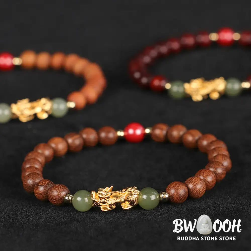 Buddha Stones 999 Sterling Silver Sandalwood Ebony Wood Small Leaf Red Sandalwood Hetian Jade Cinnabar PiXiu Wealth