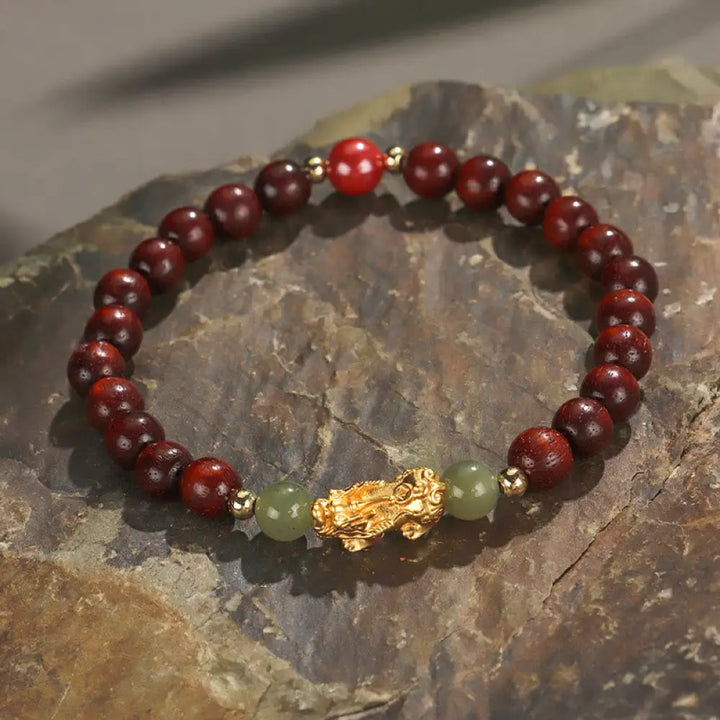 Buddha Stones 999 Sterling Silver Sandalwood Ebony Wood Small Leaf Red Sandalwood Hetian Jade Cinnabar PiXiu Wealth