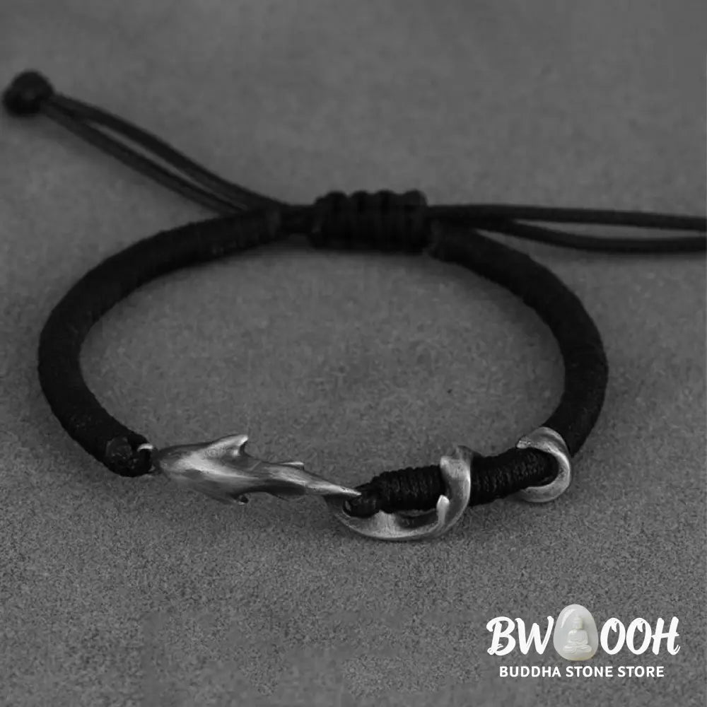 Buddha Stones 999 Sterling Silver Shark Black Wax Rope Protection Bracelet - BWOOOH - Bracelet