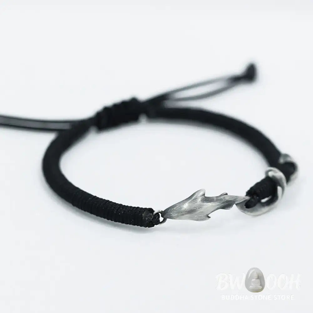 Buddha Stones 999 Sterling Silver Shark Black Wax Rope Protection Bracelet - BWOOOH - Bracelet