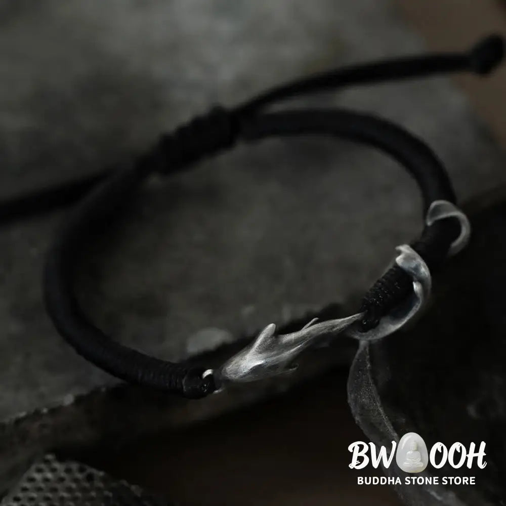 Buddha Stones 999 Sterling Silver Shark Black Wax Rope Protection Bracelet - BWOOOH - Bracelet