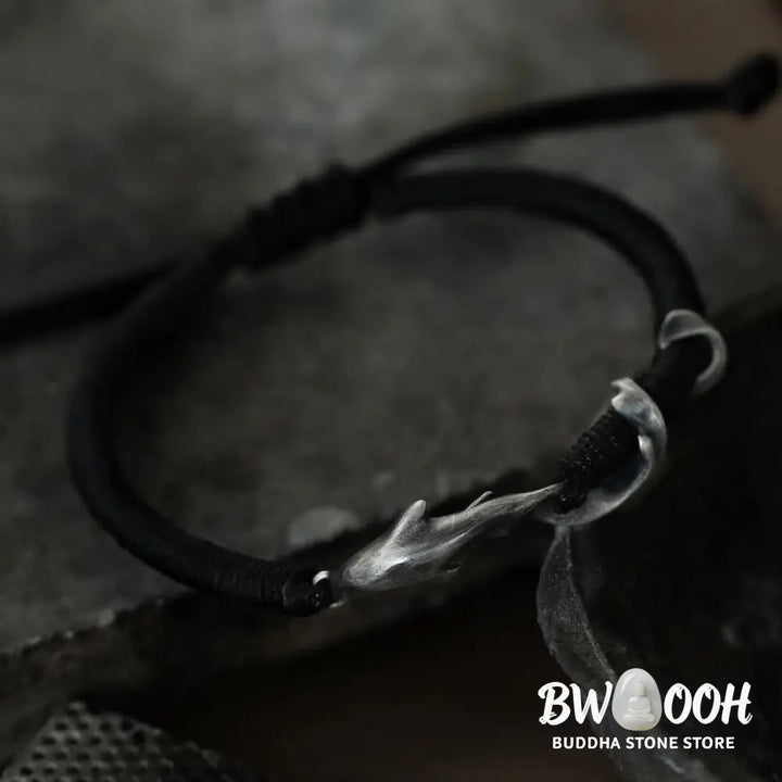 Buddha Stones 999 Sterling Silver Shark Black Wax Rope Protection Bracelet - BWOOOH - Bracelet