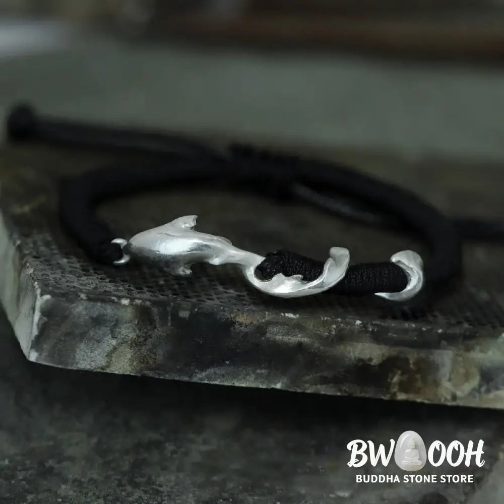 Buddha Stones 999 Sterling Silver Shark Black Wax Rope Protection Bracelet - BWOOOH - Bracelet