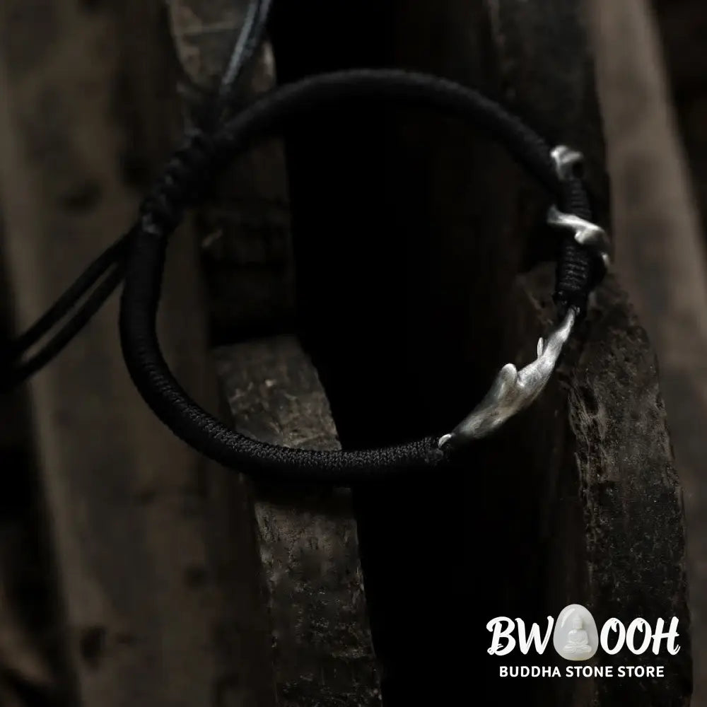 Buddha Stones 999 Sterling Silver Shark Black Wax Rope Protection Bracelet - BWOOOH - Bracelet