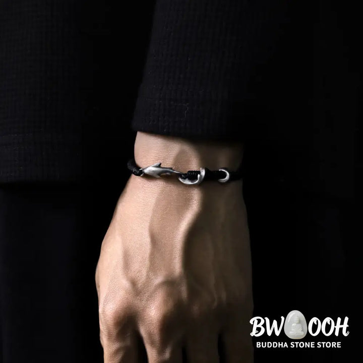 Buddha Stones 999 Sterling Silver Shark Black Wax Rope Protection Bracelet - BWOOOH - Bracelet