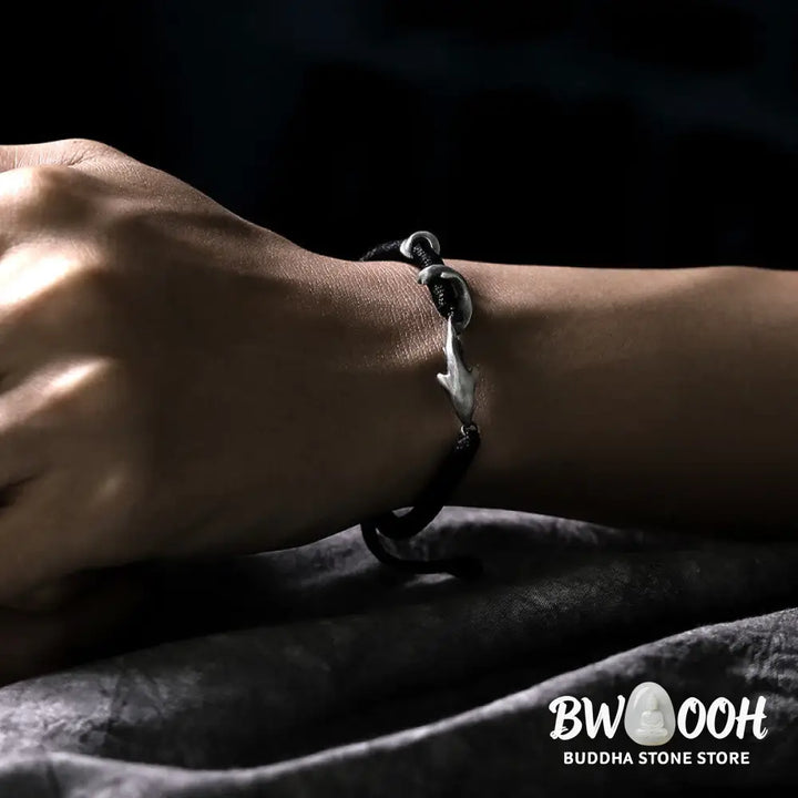 Buddha Stones 999 Sterling Silver Shark Black Wax Rope Protection Bracelet - BWOOOH - Bracelet