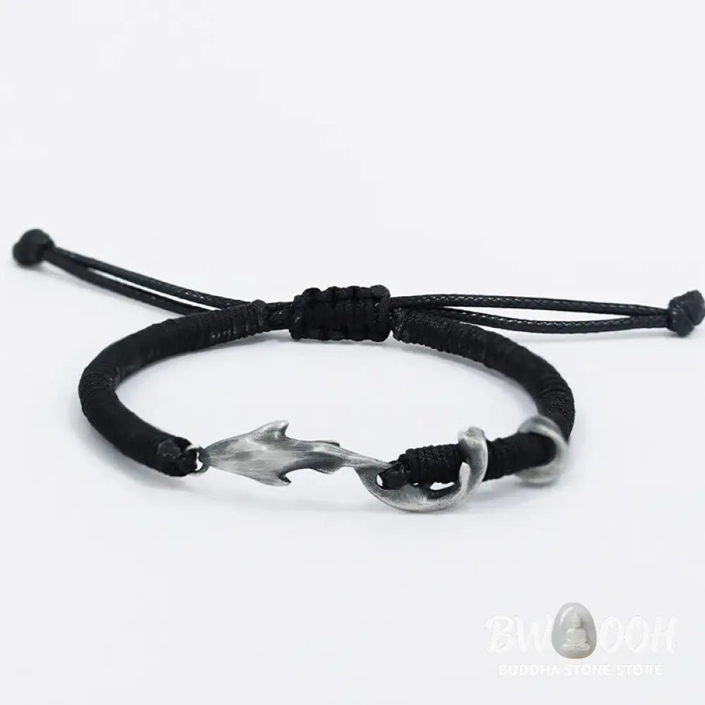 Buddha Stones 999 Sterling Silver Shark Black Wax Rope Protection Bracelet - BWOOOH - Bracelet