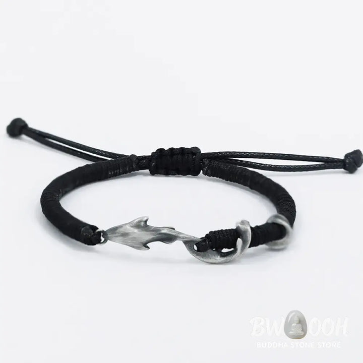 Buddha Stones 999 Sterling Silver Shark Black Wax Rope Protection Bracelet - BWOOOH - Bracelet