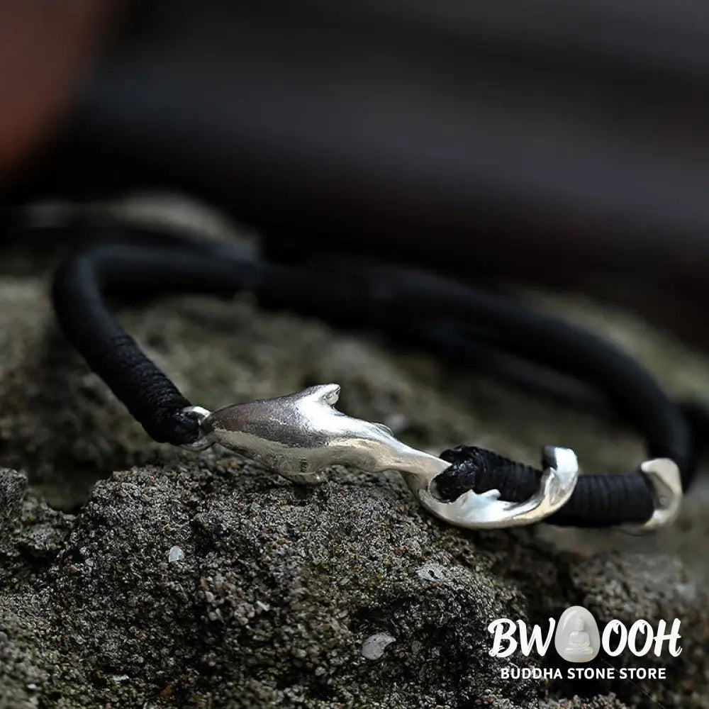 Buddha Stones 999 Sterling Silver Shark Black Wax Rope Protection Bracelet - BWOOOH - Bracelet