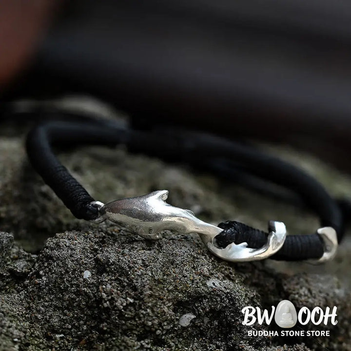 Buddha Stones 999 Sterling Silver Shark Black Wax Rope Protection Bracelet - BWOOOH - Bracelet