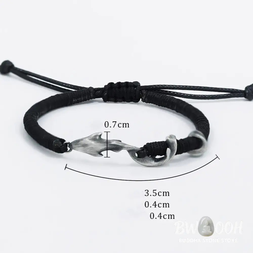 Buddha Stones 999 Sterling Silver Shark Black Wax Rope Protection Bracelet - BWOOOH - Bracelet