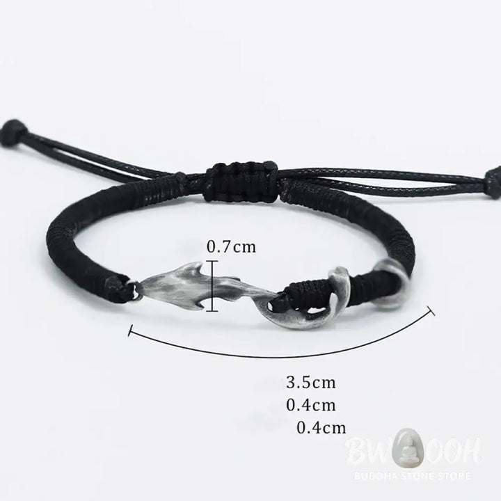 Buddha Stones 999 Sterling Silver Shark Black Wax Rope Protection Bracelet - BWOOOH - Bracelet