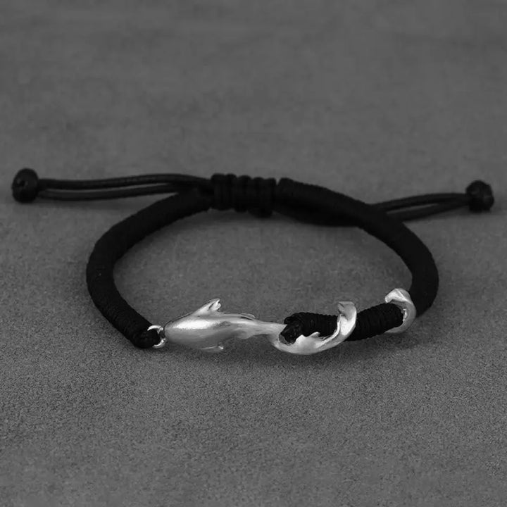 Buddha Stones 999 Sterling Silver Shark Black Wax Rope Protection Bracelet - BWOOOH - 999 Sterling Silver Wax