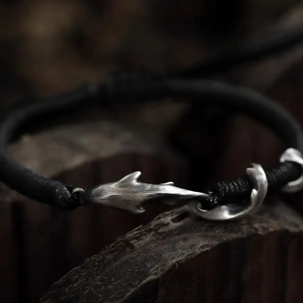BWOOOH 999 Sterling Silver Shark Black Wax Rope Protection Bracelet - BWOOOH - 999 Sterling Silver Wax