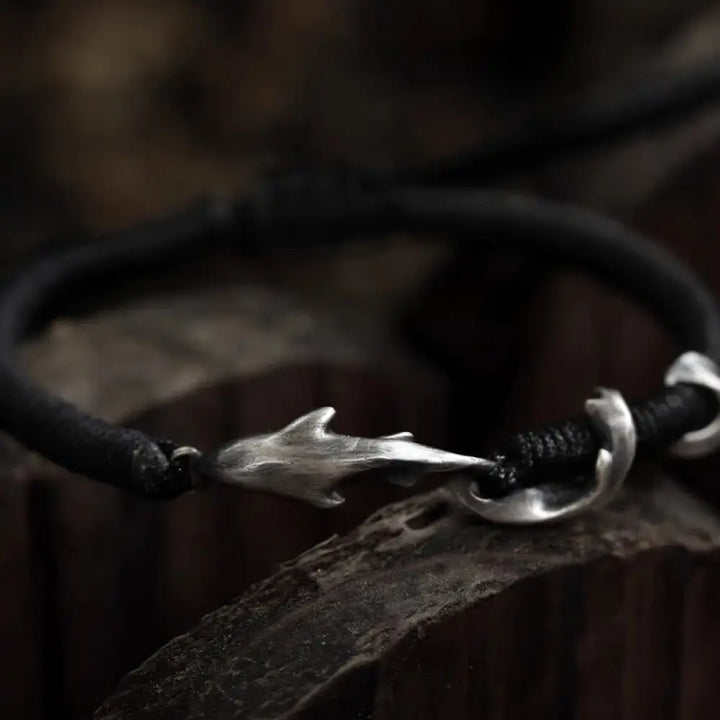 BWOOOH 999 Sterling Silver Shark Black Wax Rope Protection Bracelet - BWOOOH - 999 Sterling Silver Wax