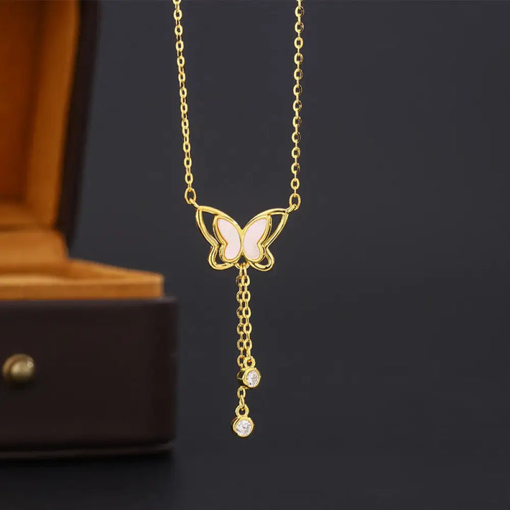 Buddha Stones 999 Sterling Silver Tridacna Stone Butterfly Calm Necklace Pendant - BWOOOH - 999 Sterling Golden