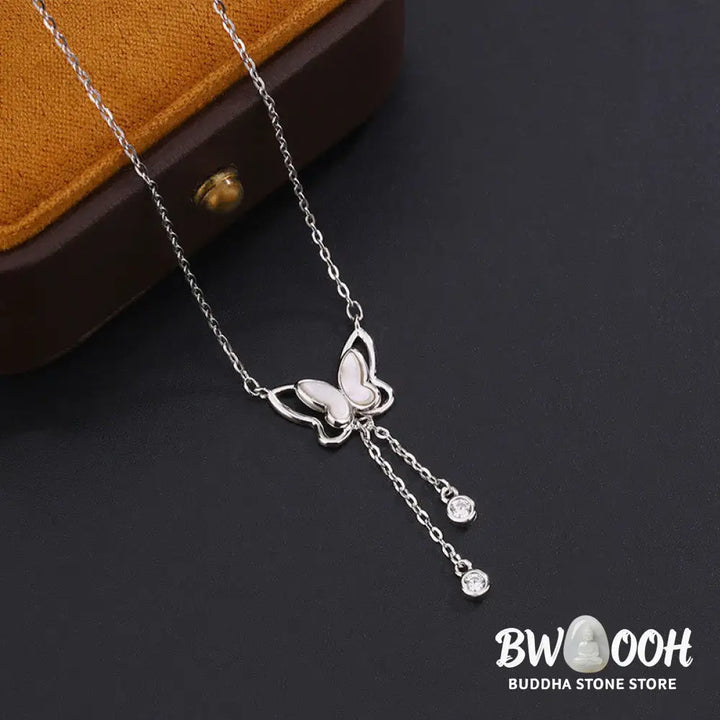 Buddha Stones 999 Sterling Silver Tridacna Stone Butterfly Calm Necklace Pendant - BWOOOH - Necklaces &amp; Pendants