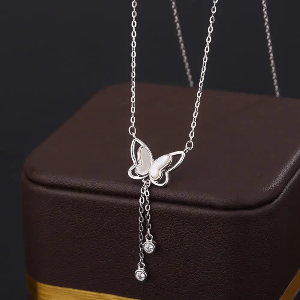 Buddha Stones 999 Sterling Silver Tridacna Stone Butterfly Calm Necklace Pendant - BWOOOH - 999 Sterling Silver