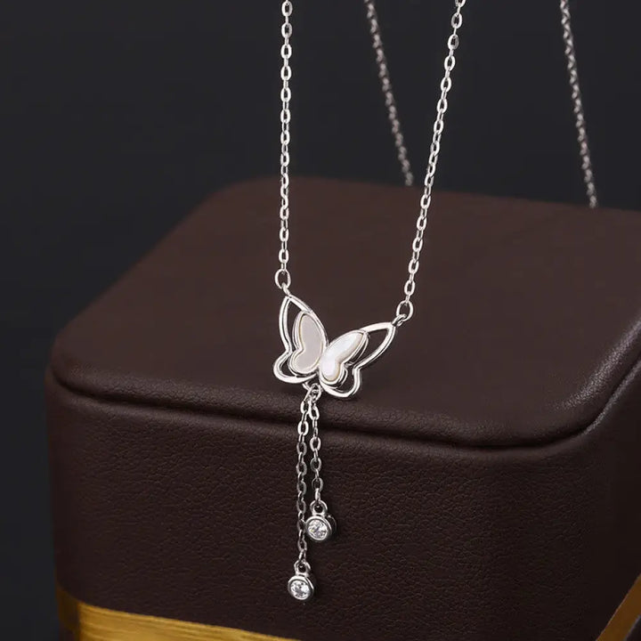 Buddha Stones 999 Sterling Silver Tridacna Stone Butterfly Calm Necklace Pendant - BWOOOH - 999 Sterling Silver