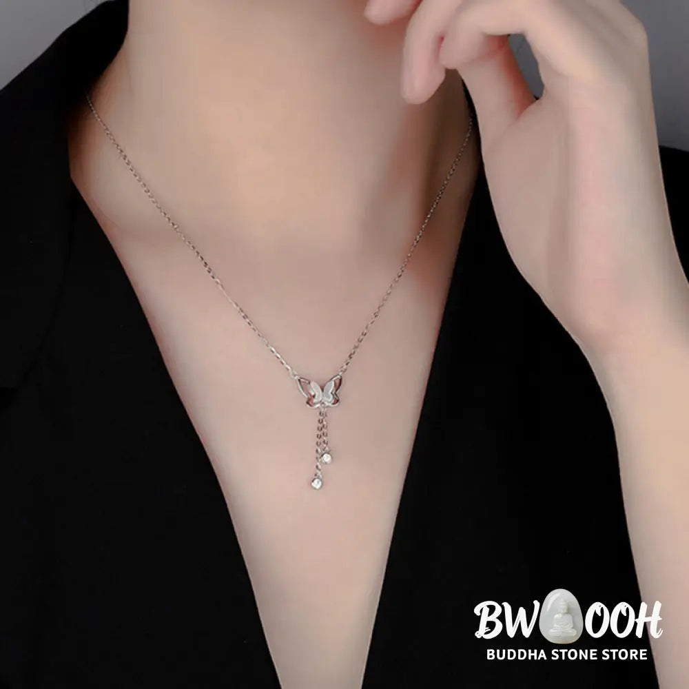 Buddha Stones 999 Sterling Silver Tridacna Stone Butterfly Calm Necklace Pendant - BWOOOH - Necklaces &amp; Pendants