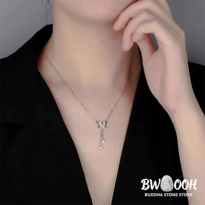 Buddha Stones 999 Sterling Silver Tridacna Stone Butterfly Calm Necklace Pendant - BWOOOH - Necklaces &amp; Pendants