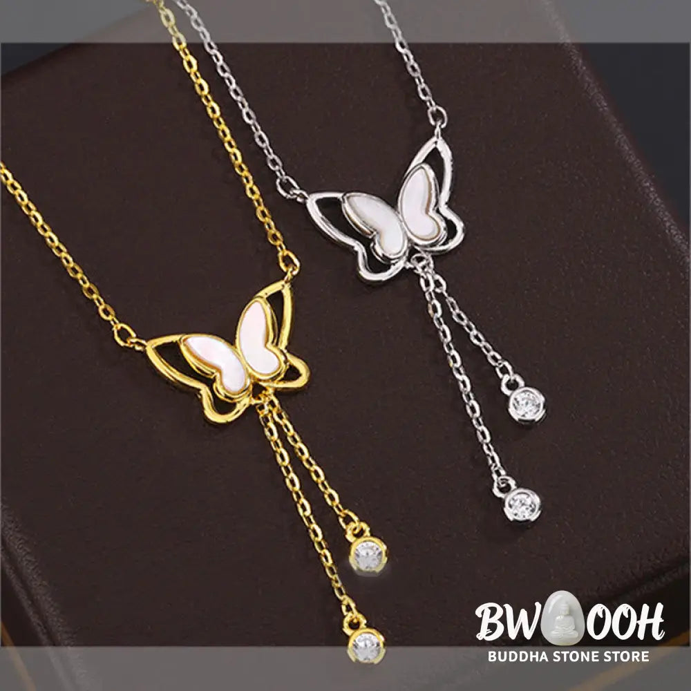 Buddha Stones 999 Sterling Silver Tridacna Stone Butterfly Calm Necklace Pendant - BWOOOH - Necklaces & Pendants