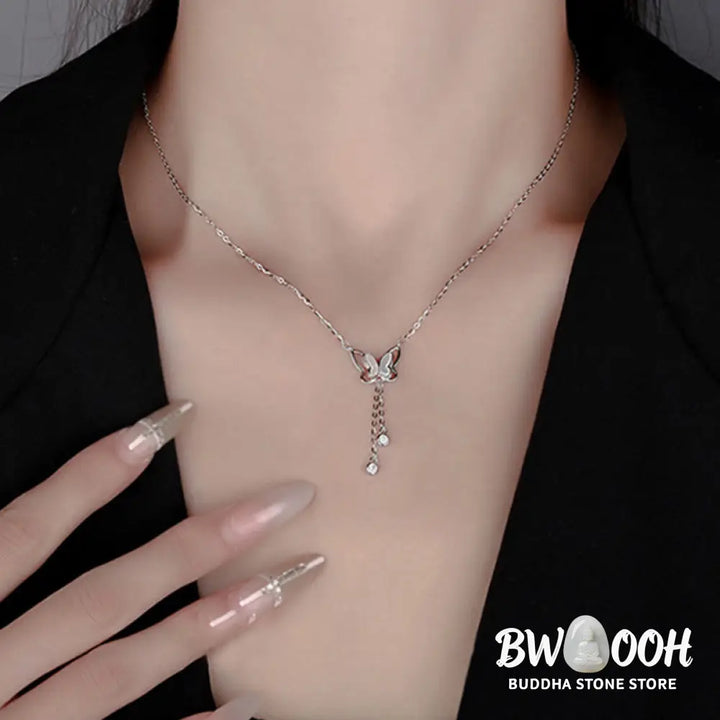 Buddha Stones 999 Sterling Silver Tridacna Stone Butterfly Calm Necklace Pendant - BWOOOH - Necklaces &amp; Pendants