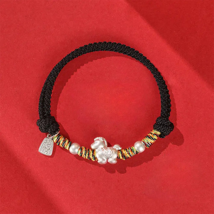 Buddha Stones 999 Sterling Silver Year Of The Horse Freedom Manually Made String Bracelet - Black Rope(Wrist