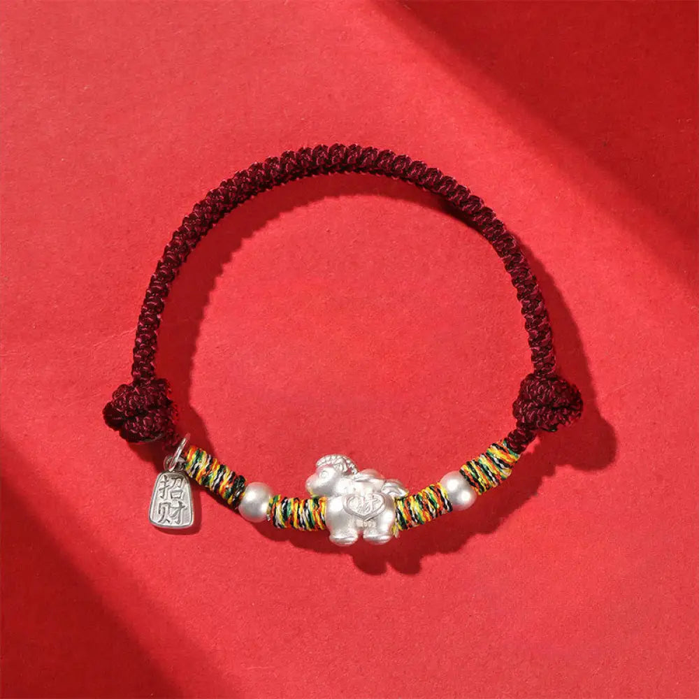 Buddha Stones 999 Sterling Silver Year Of The Horse Freedom Manually Made String Bracelet - DarkRed Rope(Wrist