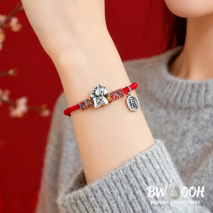 Buddha Stones 999 Sterling Silver Year Of The Horse Fu Character Attract Fortune String Rope Luck Bracelet - Bracelet