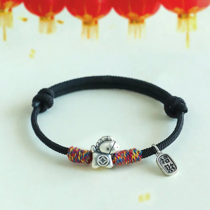 Buddha Stones 999 Sterling Silver Year Of The Horse Fu Character Attract Fortune String Rope Luck Bracelet - Black