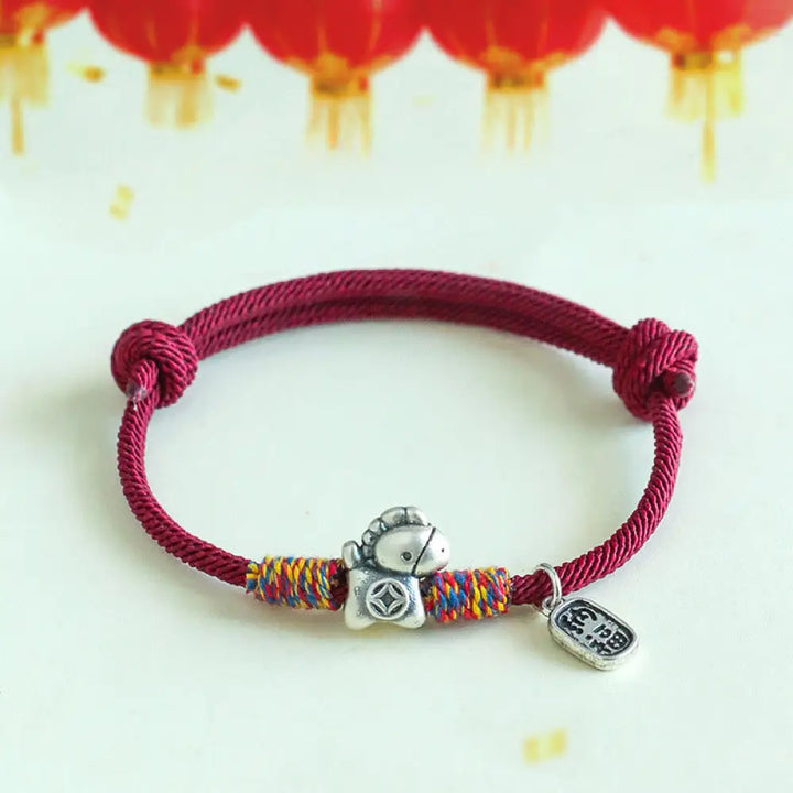 Buddha Stones 999 Sterling Silver Year Of The Horse Fu Character Attract Fortune String Rope Luck Bracelet - Darkred