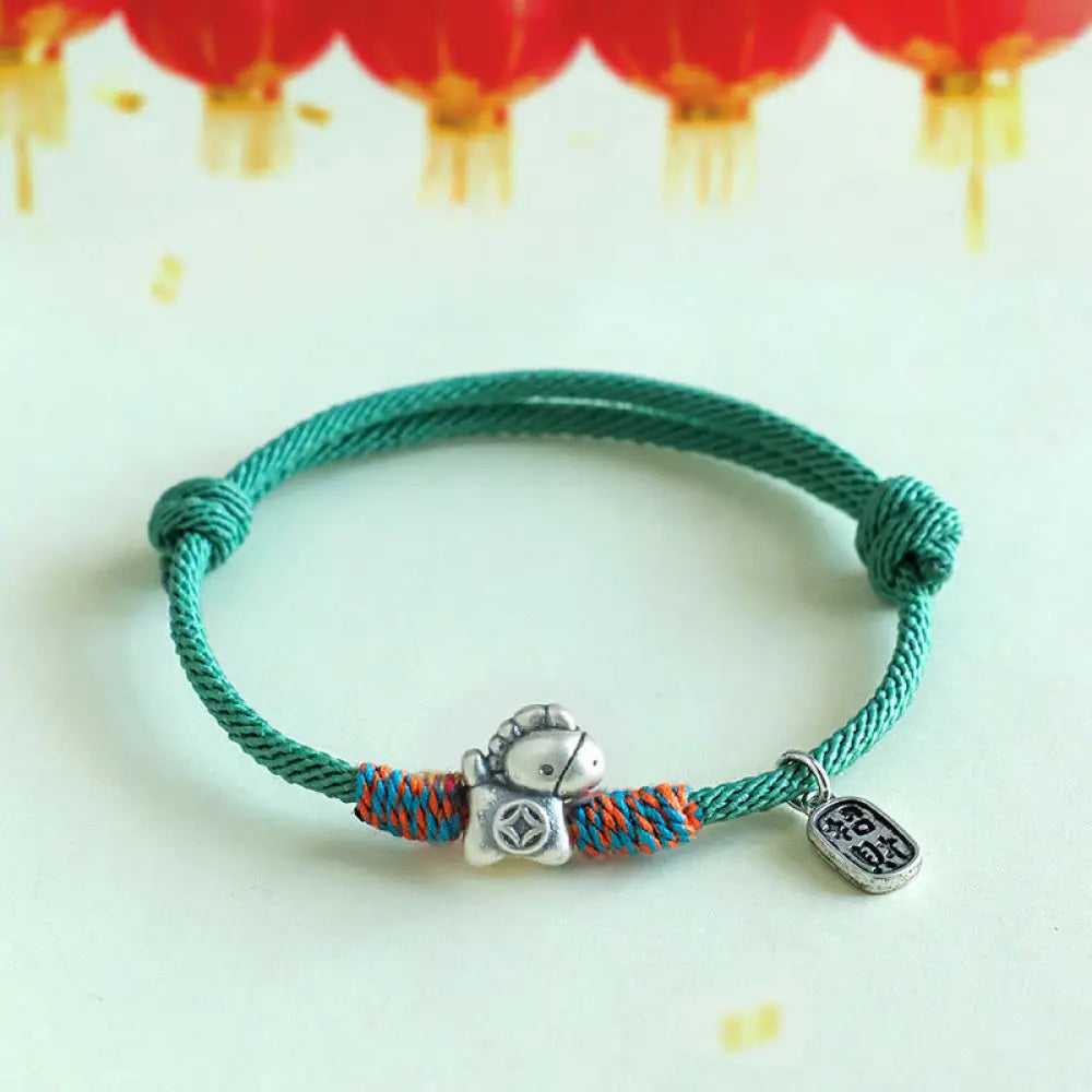 Buddha Stones 999 Sterling Silver Year Of The Horse Fu Character Attract Fortune String Rope Luck Bracelet - Green