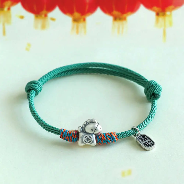 Buddha Stones 999 Sterling Silver Year Of The Horse Fu Character Attract Fortune String Rope Luck Bracelet - Green
