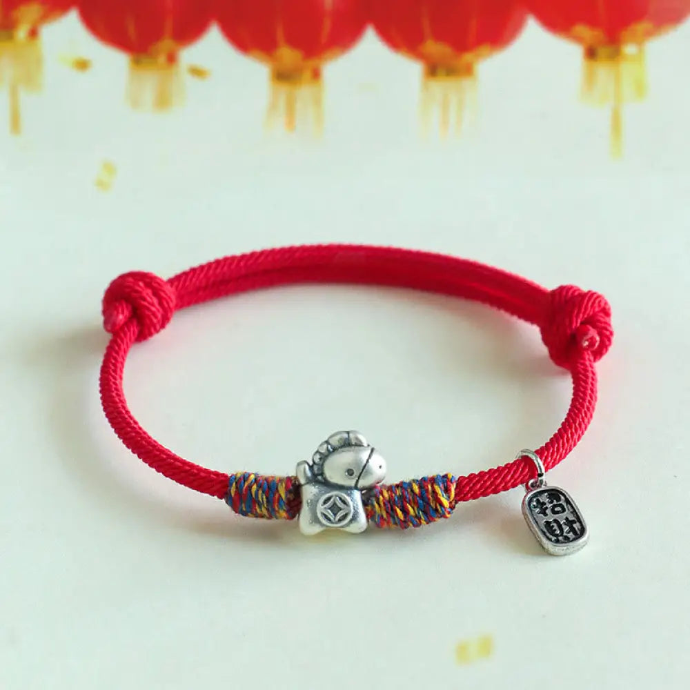 Buddha Stones 999 Sterling Silver Year Of The Horse Fu Character Attract Fortune String Rope Luck Bracelet - Red