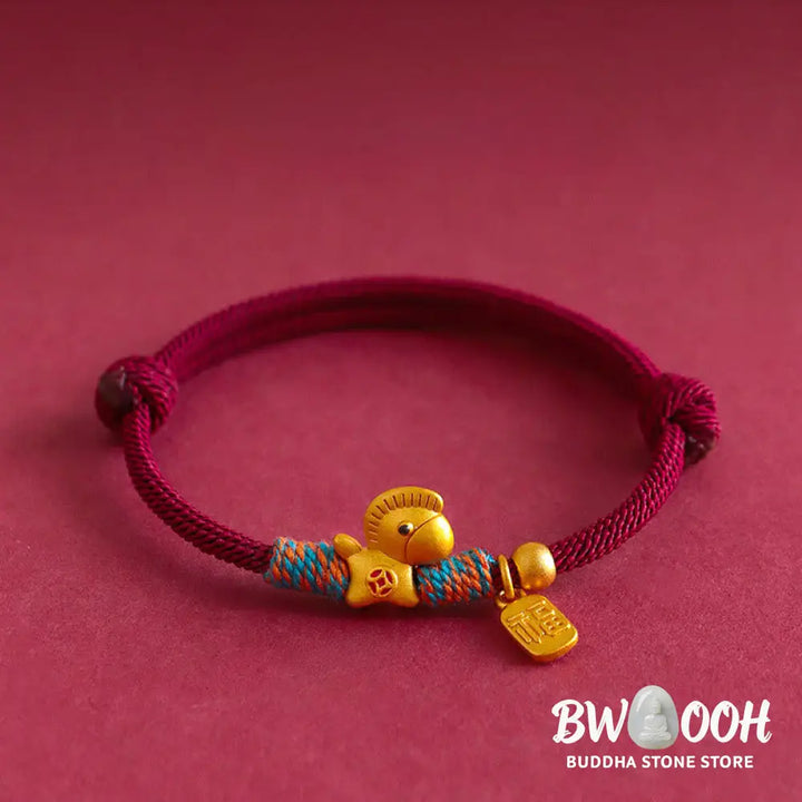 Buddha Stones 999 Sterling Silver Year of the Horse Fu Character Charm Braided String Faith Bracelet - Red Rope Gold
