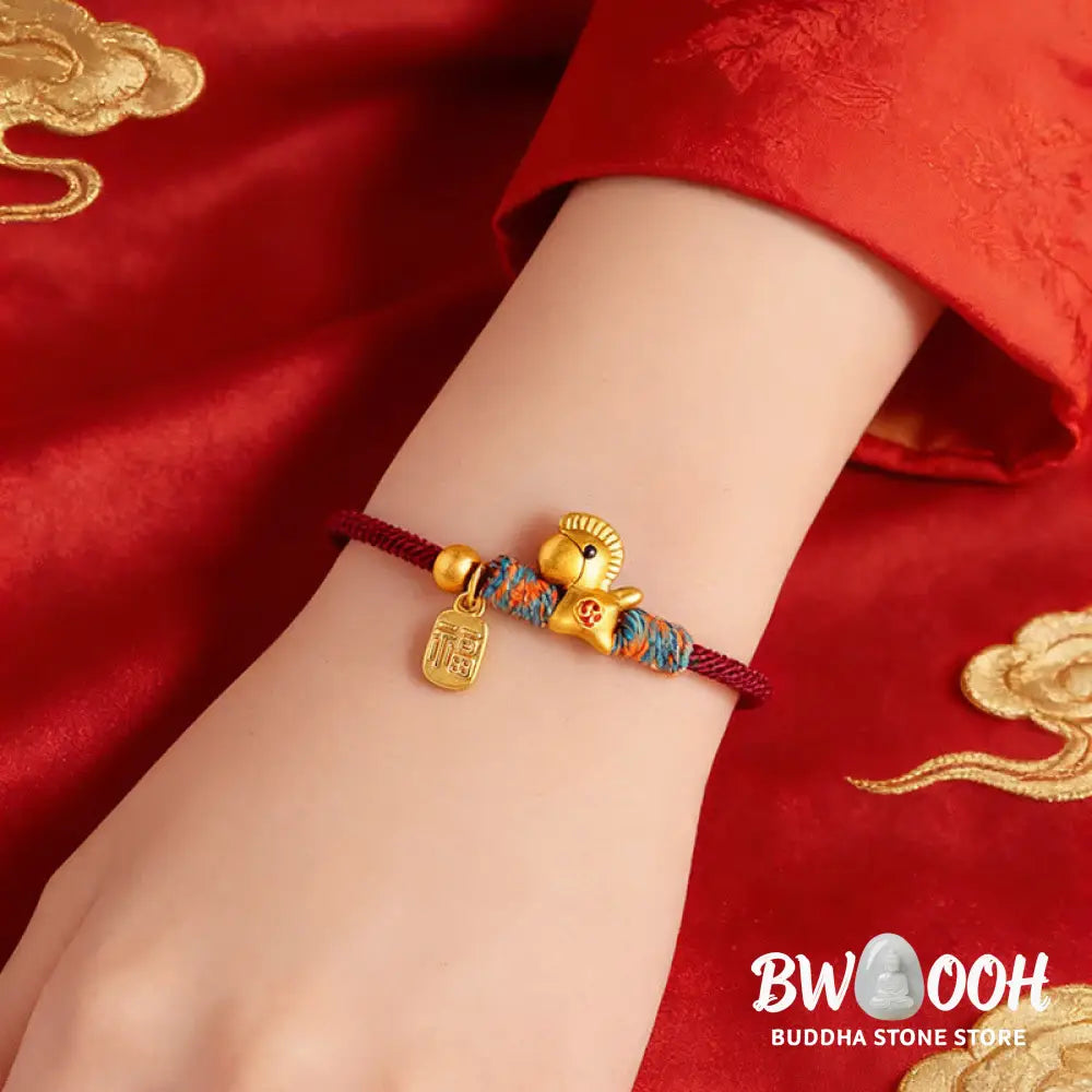 Buddha Stones 999 Sterling Silver Year of the Horse Fu Character Charm Braided String Faith Bracelet - Red Rope Gold