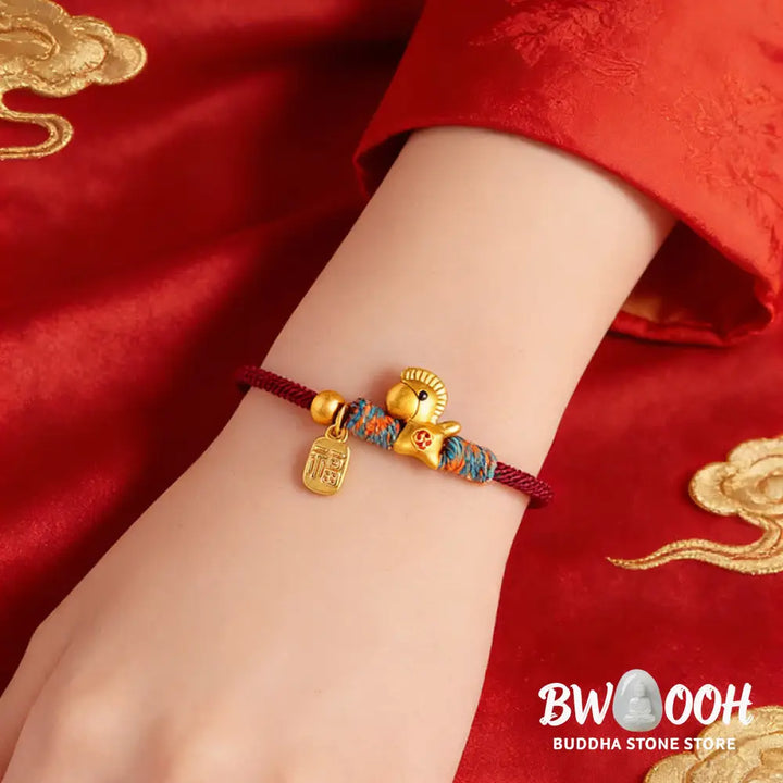 Buddha Stones 999 Sterling Silver Year of the Horse Fu Character Charm Braided String Faith Bracelet - Red Rope Gold