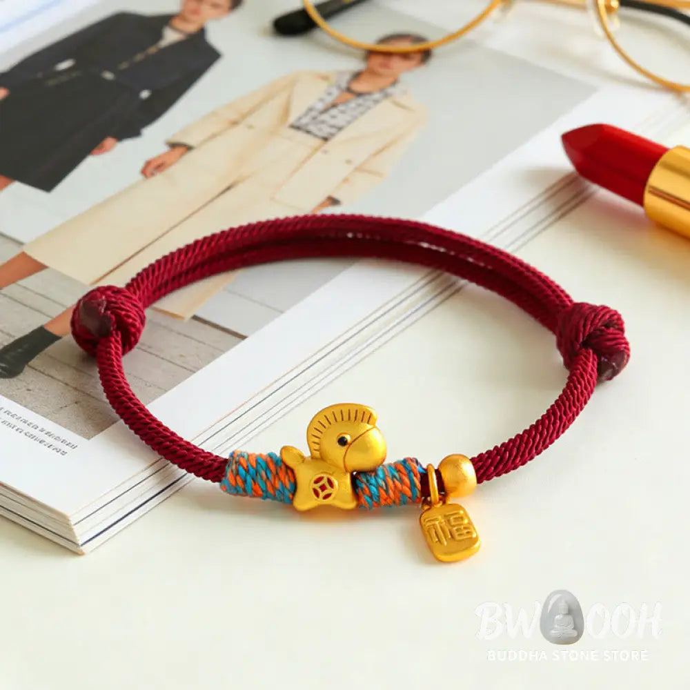 Buddha Stones 999 Sterling Silver Year of the Horse Fu Character Charm Braided String Faith Bracelet - Red Rope Gold
