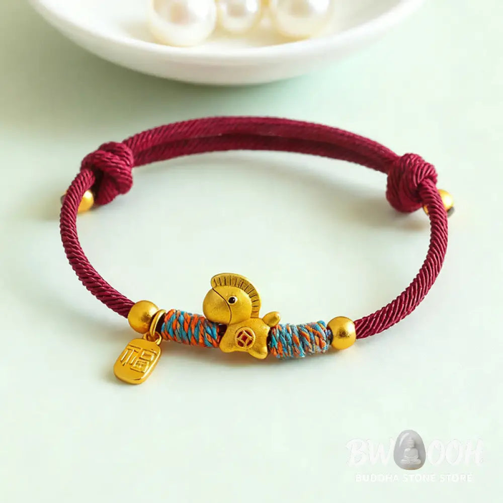 Buddha Stones 999 Sterling Silver Year Of The Horse Fu Character Charm Colorful String Rope Luck Bracelet - Gold Horse