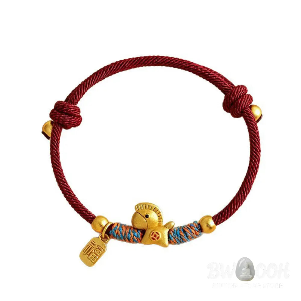 Buddha Stones 999 Sterling Silver Year Of The Horse Fu Character Charm Colorful String Rope Luck Bracelet - Gold Horse
