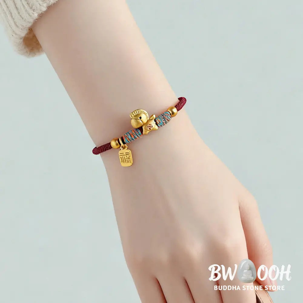 Buddha Stones 999 Sterling Silver Year Of The Horse Fu Character Charm Colorful String Rope Luck Bracelet - Gold Horse