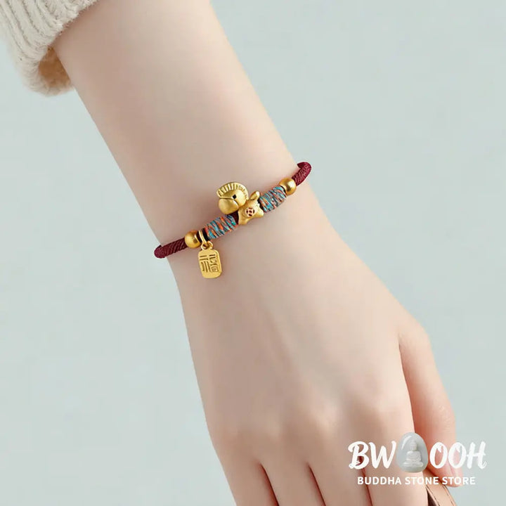 Buddha Stones 999 Sterling Silver Year Of The Horse Fu Character Charm Colorful String Rope Luck Bracelet - Gold Horse