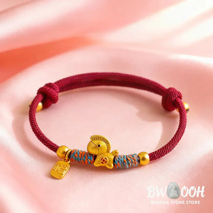 Buddha Stones 999 Sterling Silver Year Of The Horse Fu Character Charm Colorful String Rope Luck Bracelet - Gold Horse