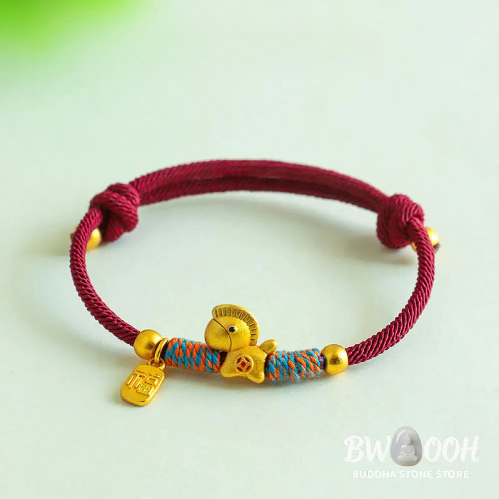 Buddha Stones 999 Sterling Silver Year Of The Horse Fu Character Charm Colorful String Rope Luck Bracelet - Gold Horse
