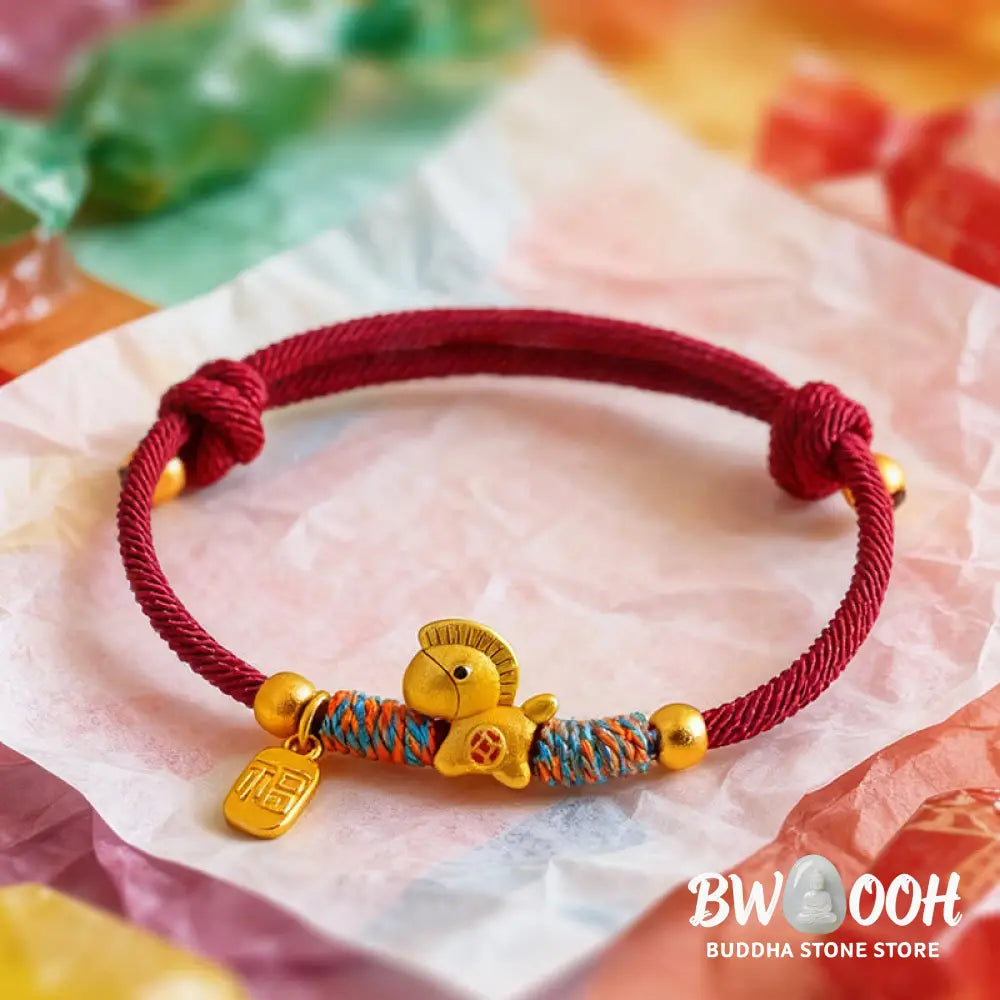 Buddha Stones 999 Sterling Silver Year Of The Horse Fu Character Charm Colorful String Rope Luck Bracelet - Gold Horse